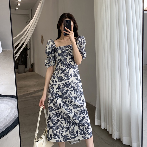 Váy đầm voan họa tiết lá tay ngắn phồng xẻ đuôi dáng chữ A thanh lịch đi làm dự tiệc cho nữ