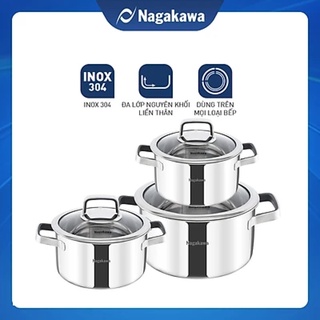 Bộ 3 nồi đáy từ đa lớp nguyên khối inox 304 cao cấp nagakawa nag1353 - dùng trên mọi loại bếp