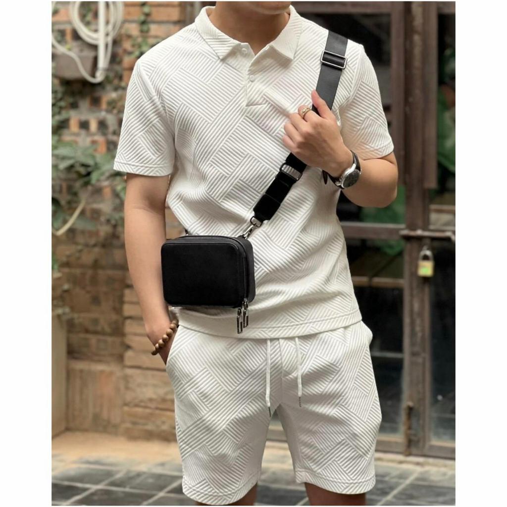 Bộ quần áo thể thao nam cổ bẻ vân gạo thiết kế sang trọng lịch sự phong cách Hàn Quốc