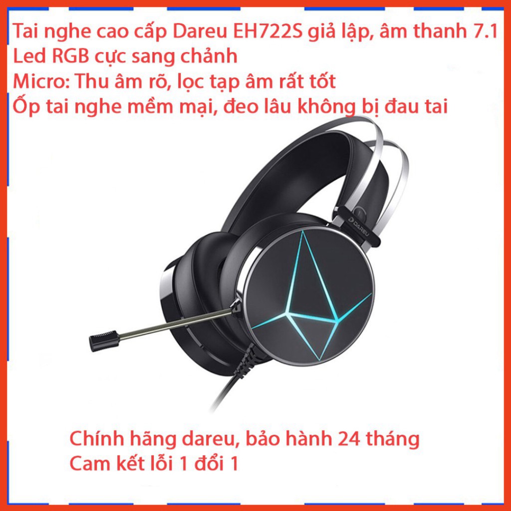 Tai nghe Gaming Dareu EH722S 7.1 - Led RGB - Âm thanh giả lập - Ốp tai nghe mềm - Mic lọc tạp âm - BH 12 Tháng