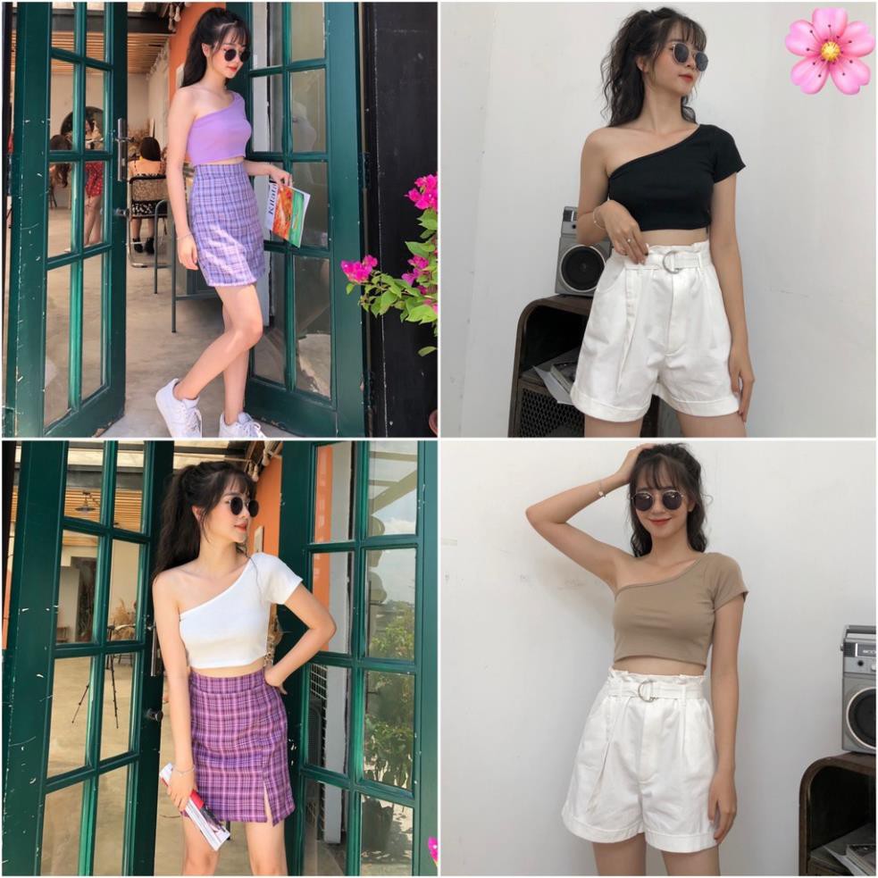 Áo kiểu croptop lệch vai nữ - Phông thun tăm crt ngắn tay cổ tròn dáng ôm body trơn nhiều màu sexy ulzzang HOT  ྇