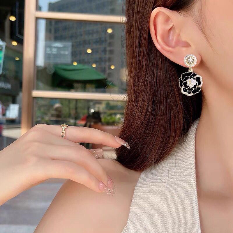 Bông Tai Mạ Bạc 925 Hình Hoa Trà Đính Ngọc Trai Phong Cách Hàn Quốc Cho Nữ