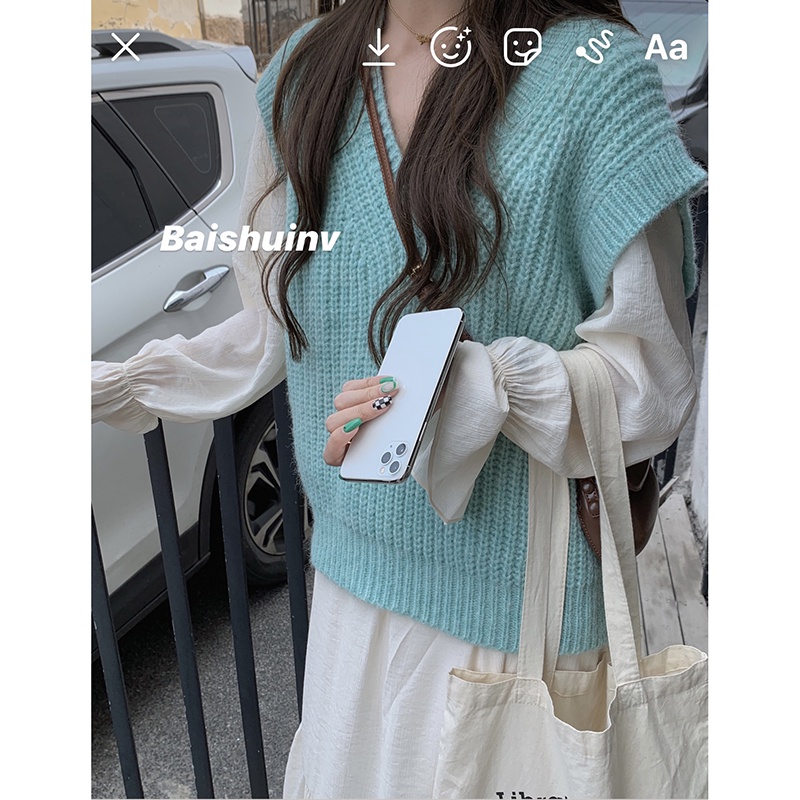 Áo Sweater không tay cổ chữ v dáng rộng màu sắc đơn giản trẻ trung 3 màu lựa chọn