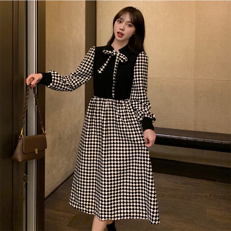 SUXI Đầm midi chữ A tay dài phong cách Hàn Quốc