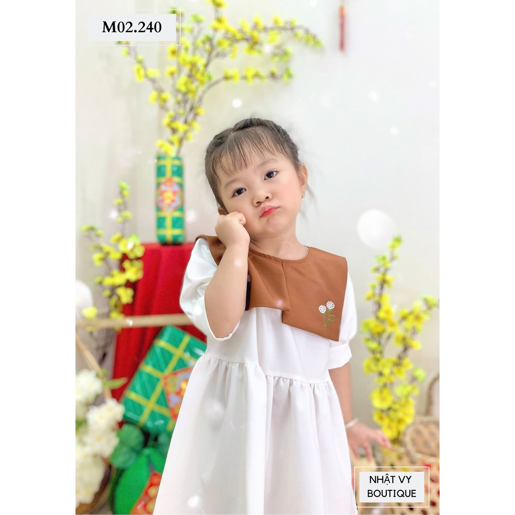 Đầm Bé NHẬT VY Cổ Vuông Thêu Hoa Chiết Eo Chất Cotton Dáng Babydoll Màu Vàng, Trắng - M02