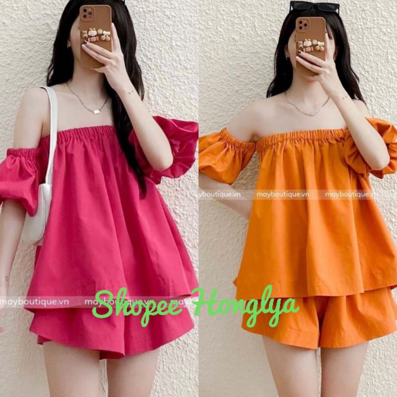 Set đồ áo trễ vai mix quần cùng màu tone màu hot