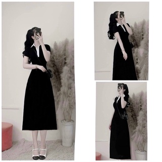 Đầm xoè midi thun đen tay ngắn cổ viền trắng