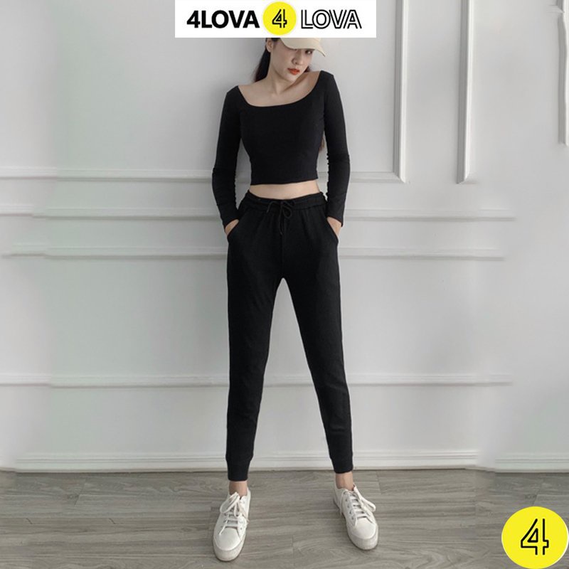 Áo thun croptop nữ dài tay cổ vuông 4LOVA dáng ôm body chất cotton co giãn cao cấp mềm mại