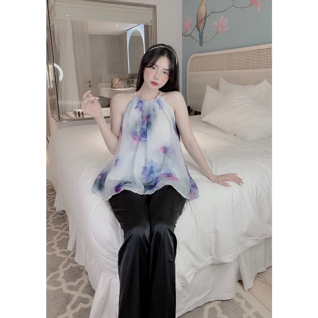 Áo yếm voan tơ in họa tiết, áo 2 lớp phối quần lụa mango, quần có túi | BigBuy360 - bigbuy360.vn