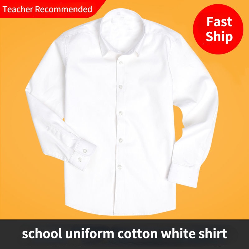 Áo Sơ Mi Đồng Phục Học Sinh Tay Dài Bằng Vải Cotton Màu Trắng Dành Cho Bé Trai Bé Gái