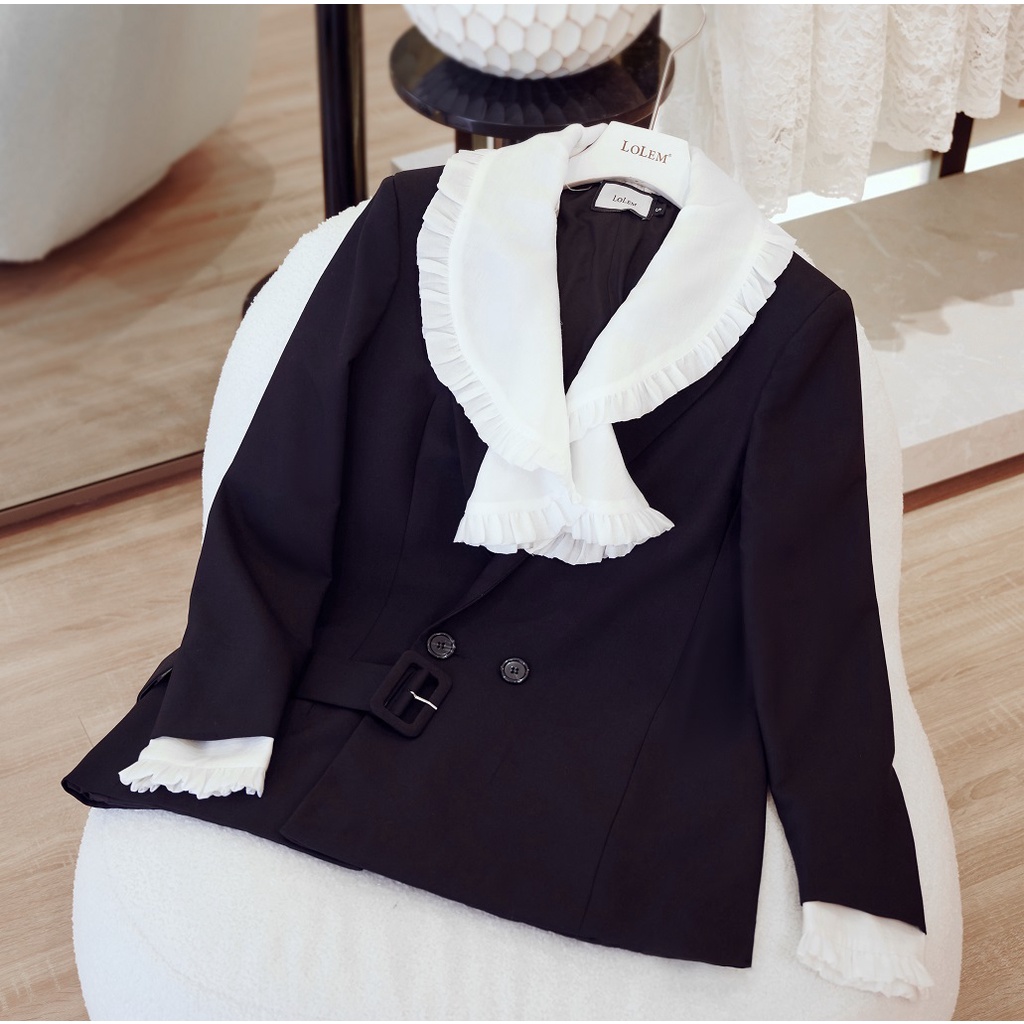 Áo blazer cổ bèo tháo rời kèm dây nịt LOLEM Clothing, măng tô nữ dáng ngắn kiểu vest thời trang cao cấp - Aknb011