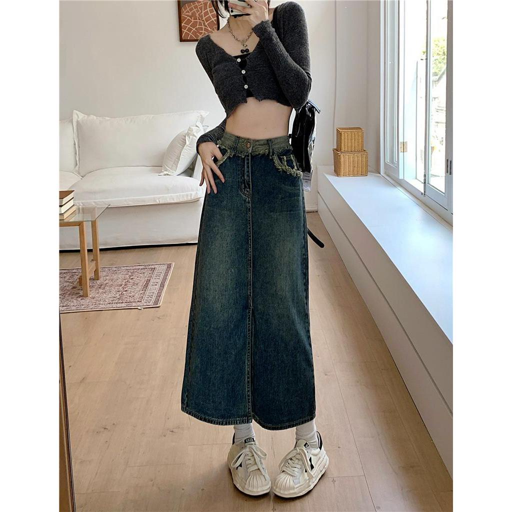 Chân Váy Jean Dài Lưng Cao Xẻ Tà Thời Trang Cho Nữ