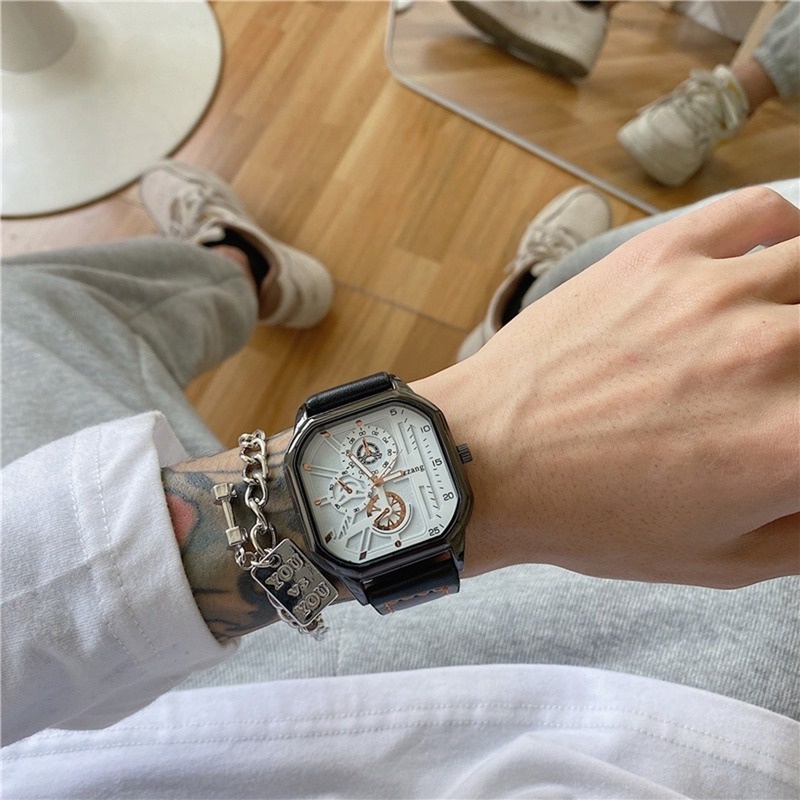ULZZANG Đồng Hồ Cơ Khí Mặt Vuông Hợp Kim Dây Đeo Mềm Bền Bỉ Thời Trang Cho Cặp Đôi 3 Số