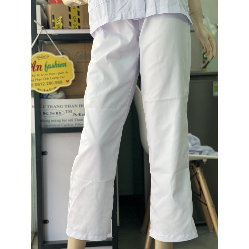 Quần blouse nam nữ trắng cao cấp - Quần lưng thun không túi sang trọng cho bác sĩ, điều dưỡng, y tá vải kaki dầy mịn .