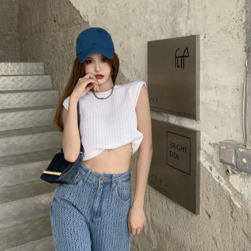 IELGY  Áo Dệt Kim Mỏng Sát Nách Dáng Rộng Ngắn Thời Trang Mùa Hè Cho Nữ