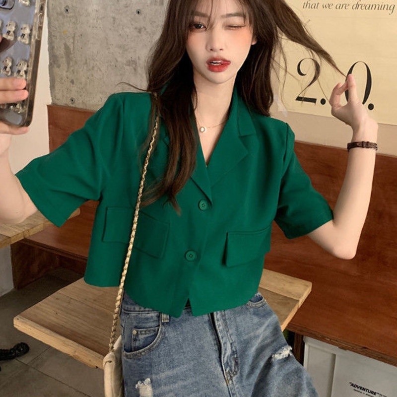 Áo khoác RENJIANVSHENG 164585 dáng ngắn tay ngắn dễ phối đồ thời trang năng động đơn giản dành cho nữ