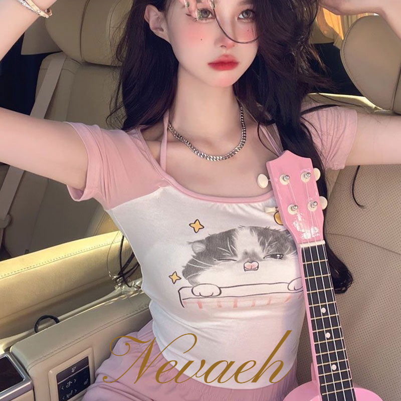 Áo Thun Ngắn Tay In Hình Mèo Thời Trang Dành Cho Nữ