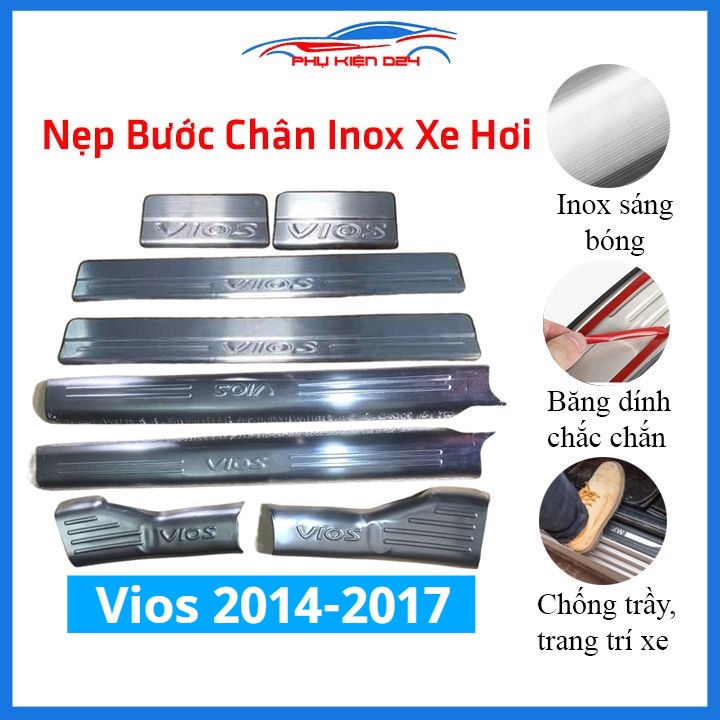 Bộ ốp bậc cửa trong ngoài nẹp bước chân Vios 2014-2015-2016-2017 Inox chống trầy trang trí xe