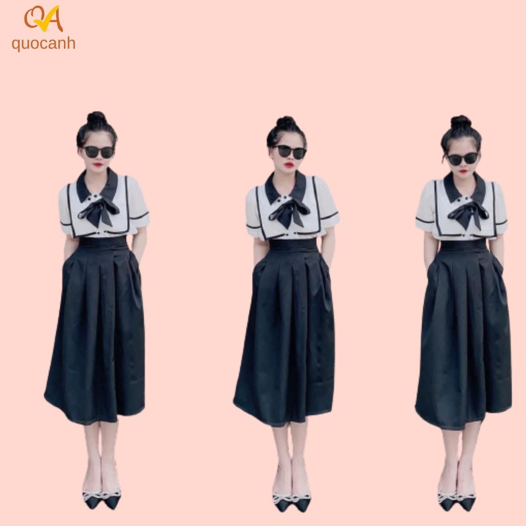 Set váy nữ tiểu thư hải quân chân váy xếp ly, áo sơ nơ thời trang công sở, dạo phố, dự tiệc Quocanh