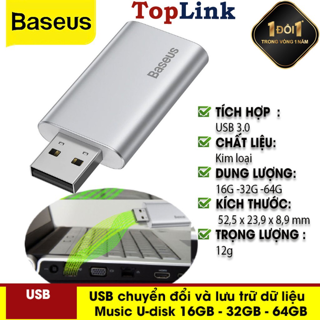 USB Chuyển Đổi Và Lưu Trữ Dữ Liệu Baseus Enjoy Music U-Disk 16GB - 32GB - 64GB Hỗ Trợ Vừa Sạc Vừa Nghe Nhạc, Thư Giãn