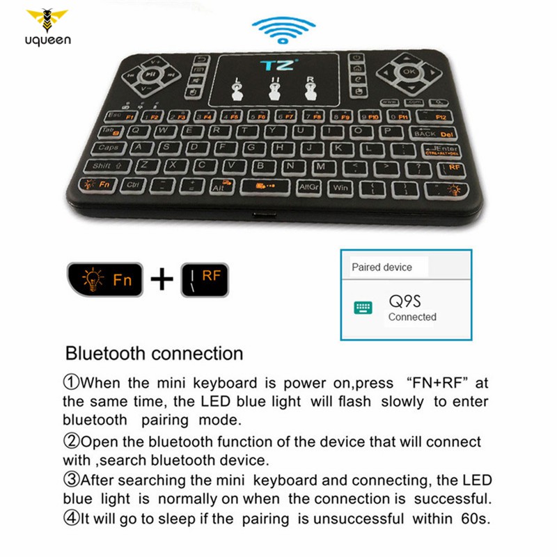 UQ Q9s Bluetooth Wireless Mini Keyboard Colorful Backlit with Touchpad Q9 Air Mouse Remote Control