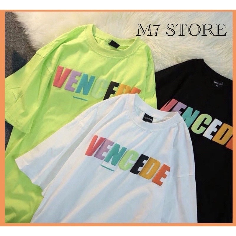 Áo thun tay lỡ cotton VENCEDE unisex nam nữ basic form rộng dáng oversize họa tiết nổi phong cách Ulzzang