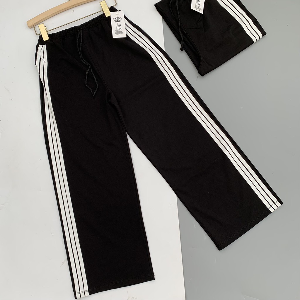 Quần ống rộng thể thao nữ 3 sọc cạp chun thun dây rút gấu màu đen đi học sinh Quần jogger nữ bo gấu dài vải UMÌ hàn dày