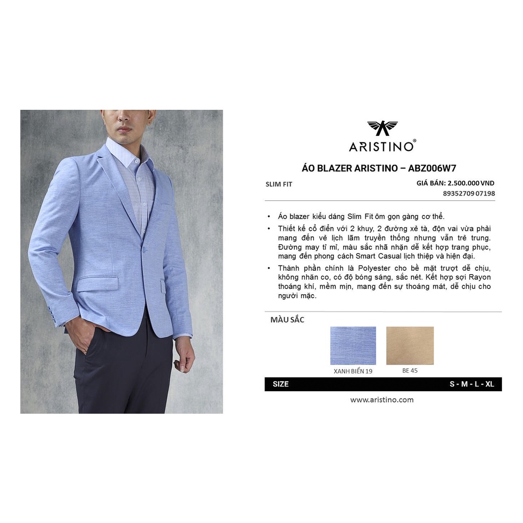 Áo blazer nam Aristino 2 khuy  lịch lãm  ABZ006W7 ( 2 màu)