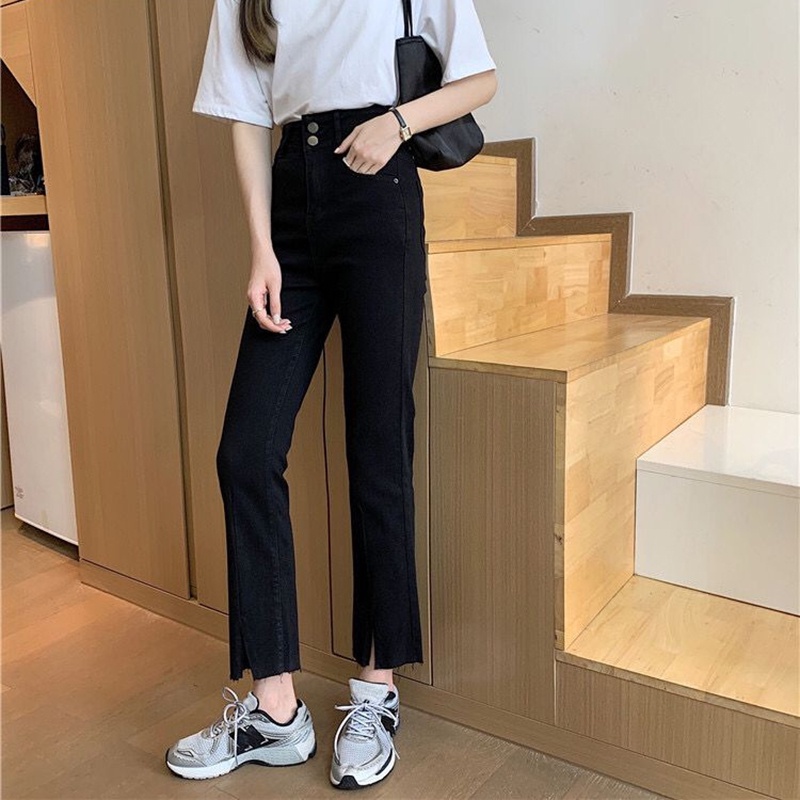 Quần jean IELGY cắt gấu xẻ tà cạp cao nút cài đôi size lớn cho nữ