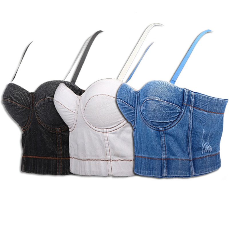 Áo Croptop Denim Hai Dây Nâng Ngực Có Thể Tháo Rời Phong Cách Retro ONERI Cho Nữ