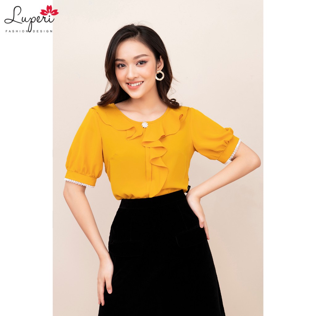 Áo Sơ Mi Nữ Cổ Bèo Nhún Tay Bồng Luperi chất liệu lụa lạnh Hàn mềm mát mịn không nhăn dáng xuông dài vừa LFSM1171