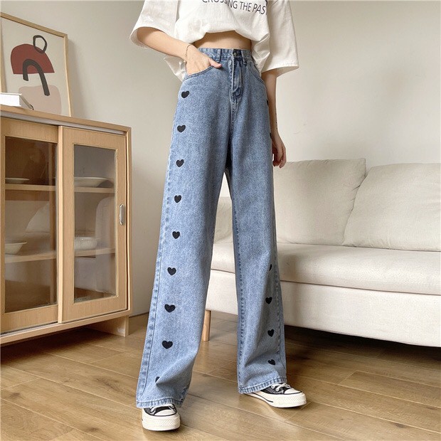 Quần Jeans Ống Rộng In Trái Tim Dọc - Quần Ống Rộng Nữ Dáng Suông Lưng Cao Ulzzang Q45