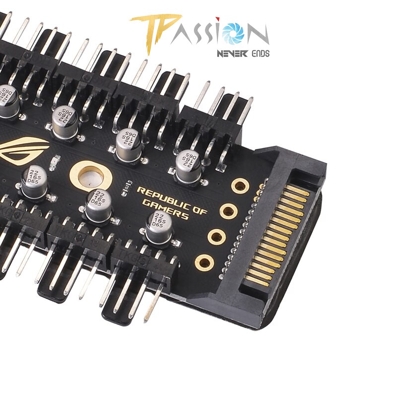 Bộ HUB 10 cổng chia Fan case 4 pin PWM với nguồn cấp SATA + Dây thông báo PWM 40cm - Điều tốc, 10 tụ, bền đẹp, an toàn