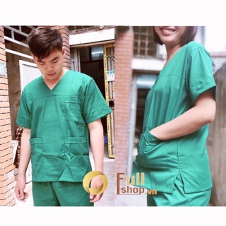 Bộ quần áo phẫu thuật xanh cao cấp - Bộ đồng phục áo blouse phẫu thuật cổ tim màu xanh két