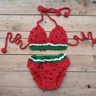 Set bikini len handmade cho bé - bikini len móc - set bikini dưa hấu - (Có sẵn) Set bikini len cho bé < 2y