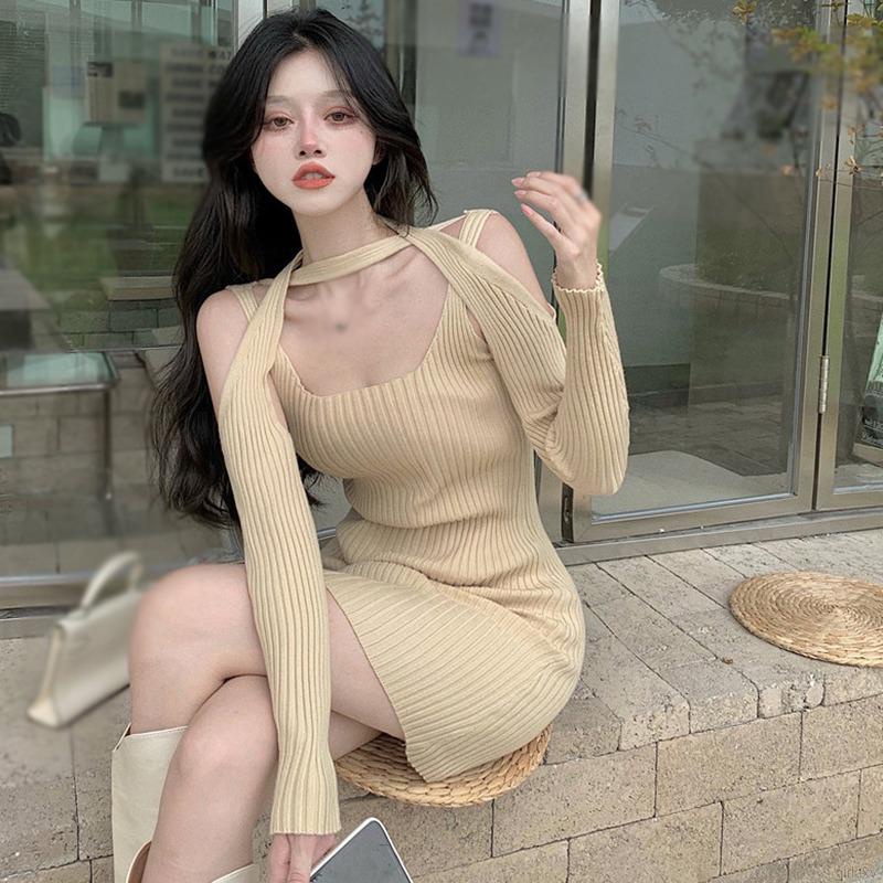 Set đầm hai dây dệt kim + áo choàng tay dài màu trơn phong cách Hàn Quốc quyến rũ cho nữ