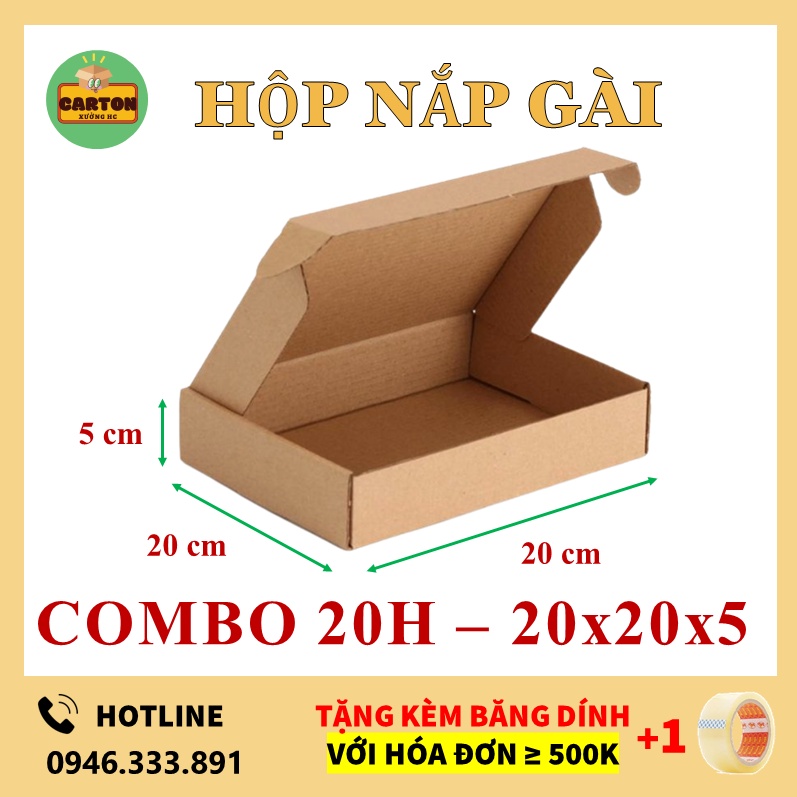 (20x20x5) 20 Hộp Carton Nắp Gài, Hộp Đựng Quà, Đựng Quần Áo, Phụ Kiện 3 lớp Sóng E