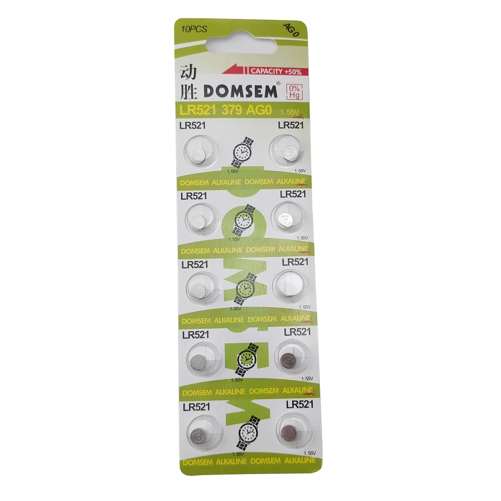 Vỉ 10 Viên Pin AG0 / LR521 / 379 / LR63 DOMSEM Pin Cúc Áo Thay Thế Cho Đồng Hồ Đeo Tay Các Loại