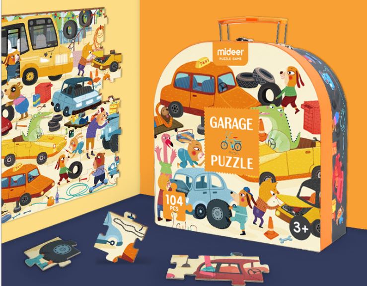 Đồ Chơi Ghép Hình Thiết Kế Dạng Vali Có Quai Xách Chủ Đề Garage ô tô Mideer - Garage Puzzle - MD3078 - 104pcs - 3Y+