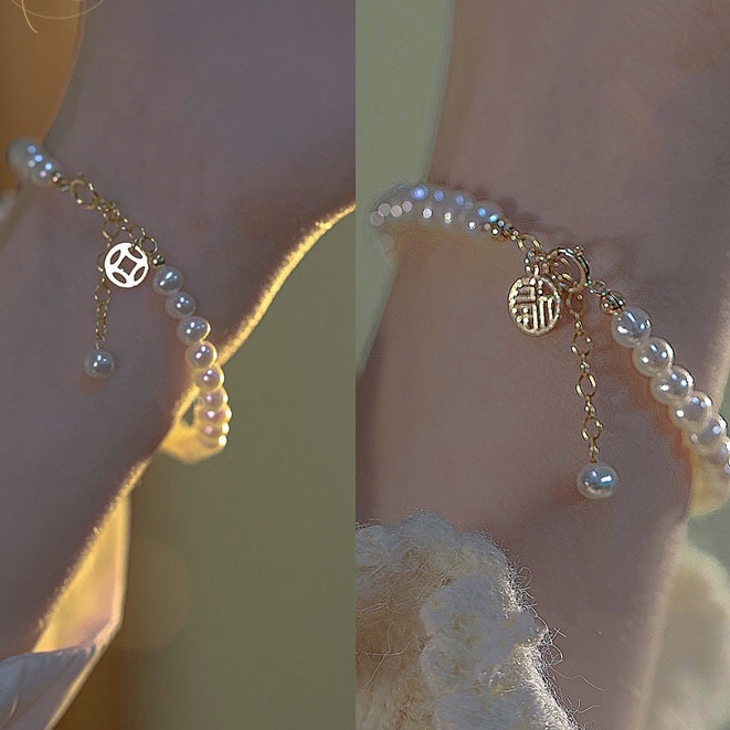 Vòng tay may mắn đính hạt ngọc trai phong cách Trung Hoa cổ điển cho nữ