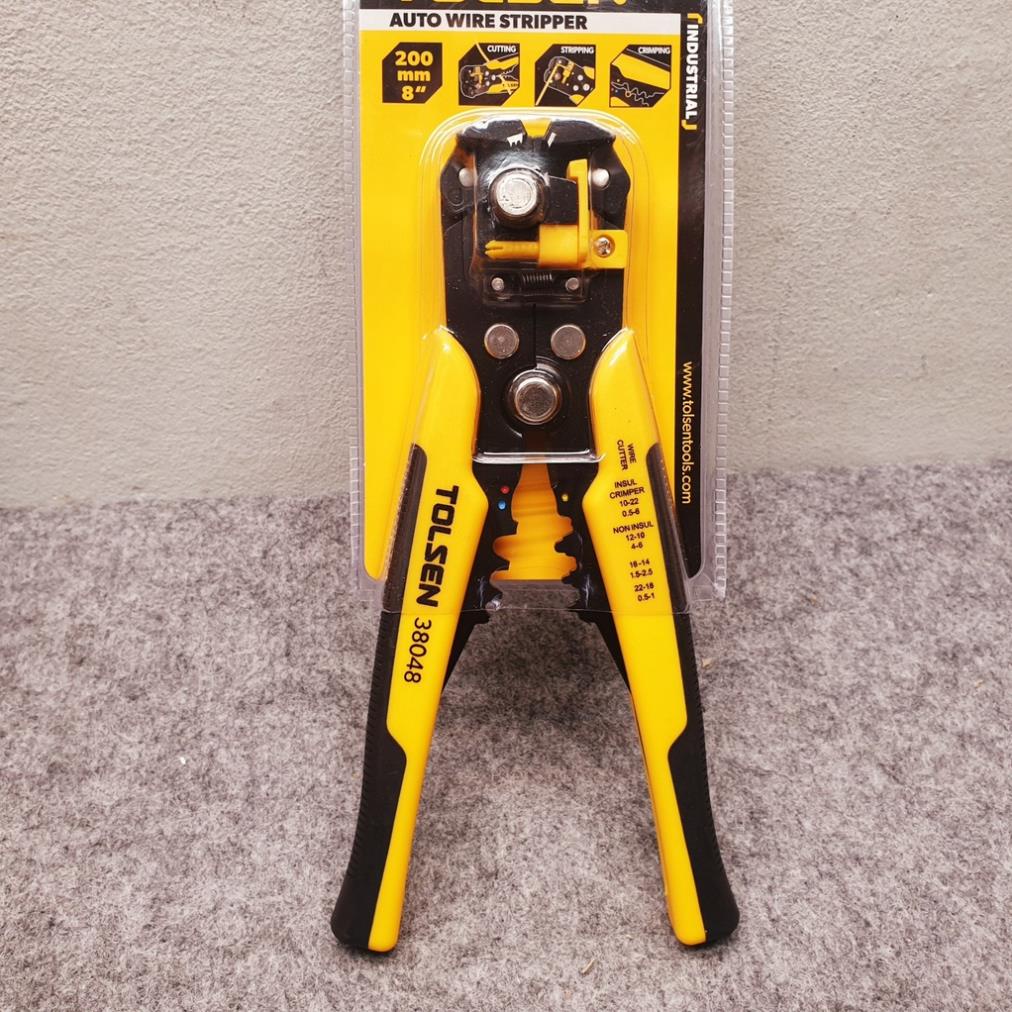 Kìm tuốt dây điện tự động công nghiệp, bấm cos, cắt dây Tolsen, kìm đa năng 3 trong 1, hàm thép cao cấp Cr12MoV mã 38048