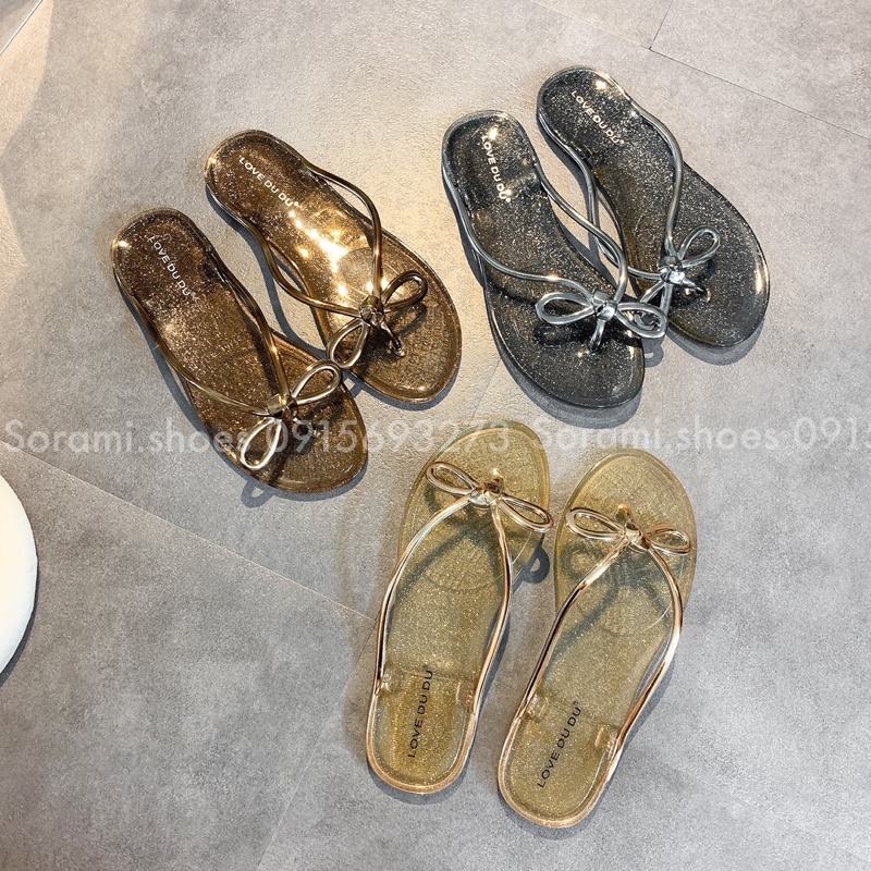 Dép nơ nhựa dẻo quảng châu chống trơn trượt, dép đế bằng nữ tiện dụng