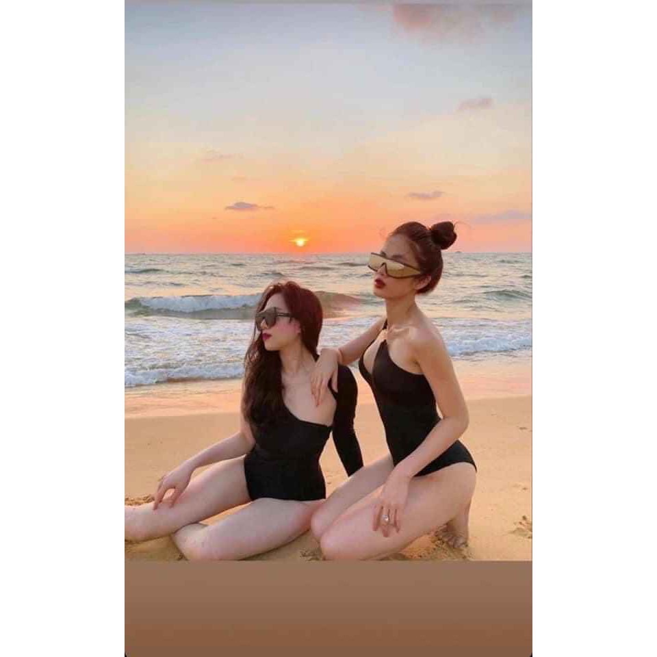 Bikini bộ bơi đồ bơi nữ liền thân lệch vai màu đen siêu sang chảnh