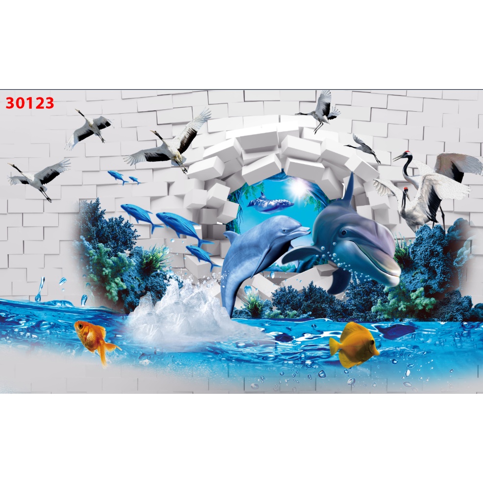 Tranh Cá Chép, Cá Koi và Hồ Sen, Dòng suối dán tường 3D