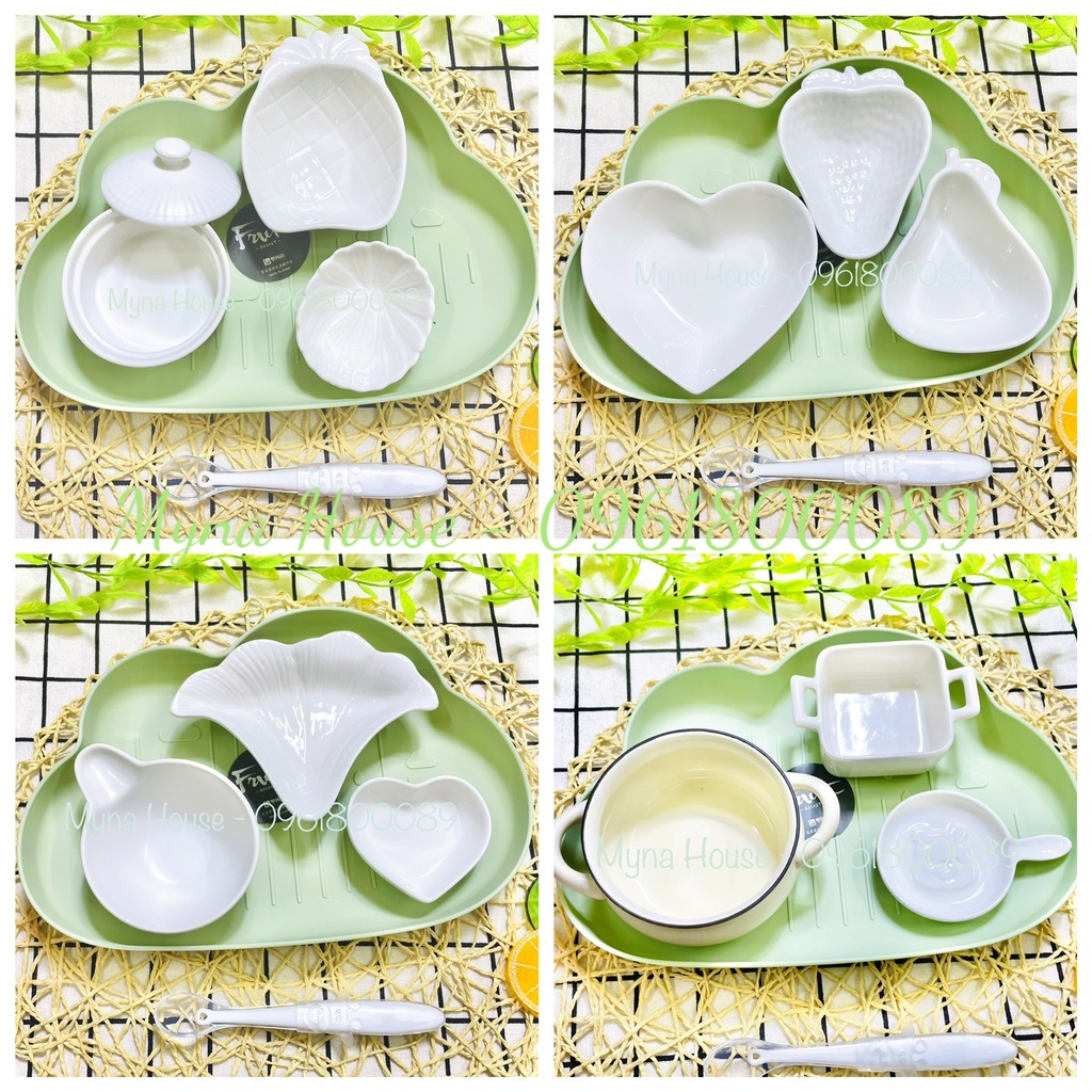 Combo chén bát sứ kèm khay và thìa ăn dặm cho bé - Sứ trắng