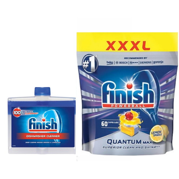 Combo viên rửa bát finish quantum max 60 tabs + dung dịch vệ sinh máy rửa bát chén