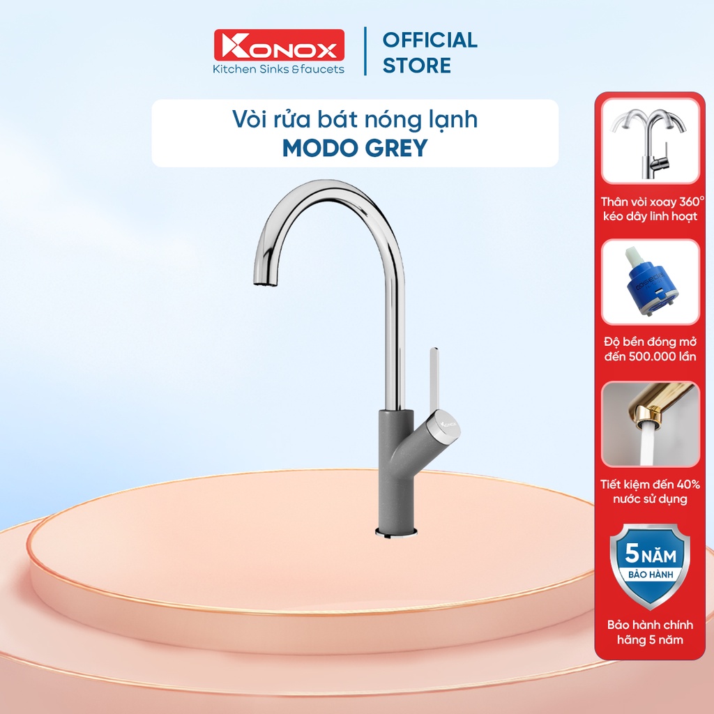 Vòi rửa bát nóng lạnh KONOX Modo Grey, bề mặt xử lý mạ PVD mạ vân đá, lõi hợp kim đồng 61% tiêu chuẩn Châu Âu CW617N