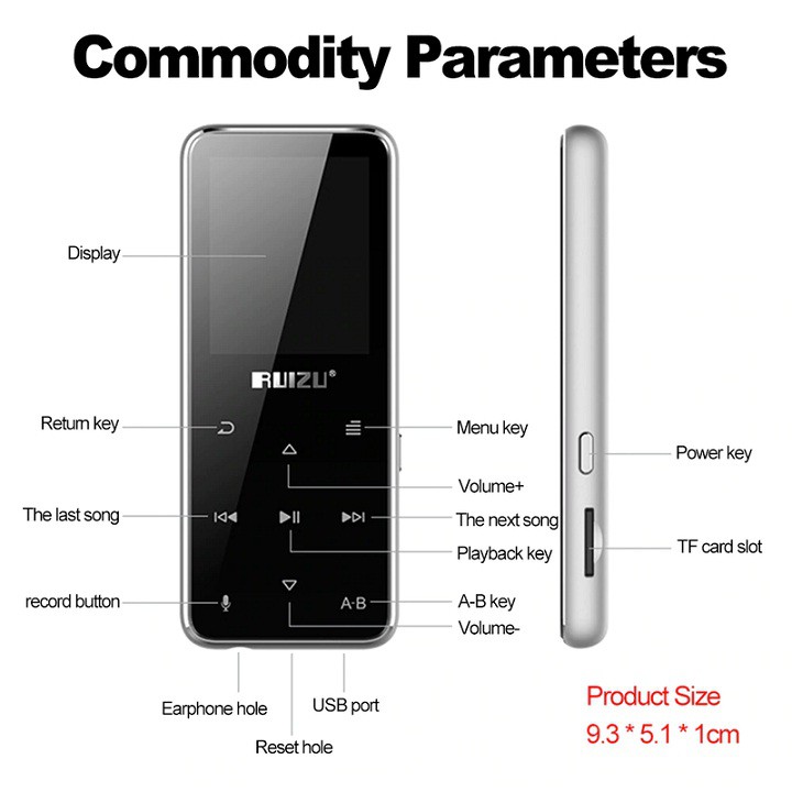 Máy Nghe Nhạc Ruizu X16: MP3 HiFi Thể Thao Bluetooth - Bộ Nhớ Trong 8GB