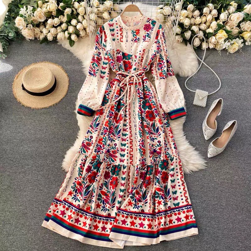 Váy đầm maxi boho thổ cẩm hoạ tiết hoa lá thắt dây eo tay dài bồng vintage cổ điển đi chơi đi biể