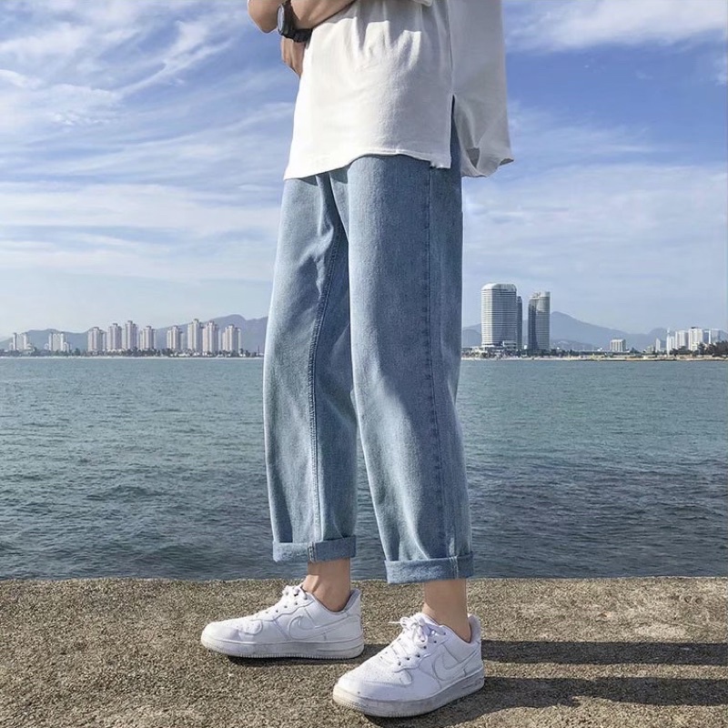 QUẦN BAGGY JEANS XANH TRƠN FORM UNISEX NAM NỮ (hình chụp thật)